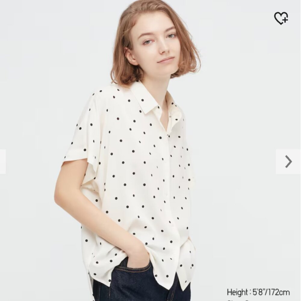 Uniqlo - rayon button down t-shirt - white polka dot - size S